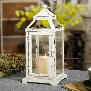 Rustic Metal Candle Holders 12" Tall, Hanging Vintage Distressed White Outdoor Candle Lanterns Decorative for Pillar, Farmhouse Hurricane Candle Holder Glass for LED Christmas Wedding