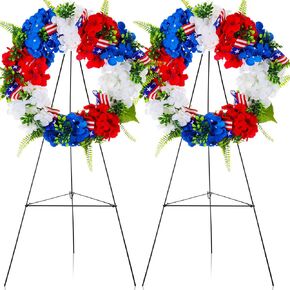 Crowye 4 Pcs Memorial Day Cemetery Wreaths with Stand Set 15. 75in Patriotic Gravestone Wreath 30in Easel Stand for Cemetery Headstone(Memorial Style)