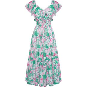 GRACE KARIN Womens 2025 Floral Summer V-Neck Ruffle Sleeve Empire Waist A-Line Casual Maxi Tiered Dress with Pockets