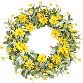 Artgar 26 Inch Large Summer Spring Wreaths for Front Door Daisy Easter Wreaths Artificial Floral with Green Eucalyptus Leaves Wild Floral Wreath for Farmhouse Porch Wall Living Room Home Decor