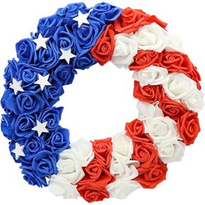 4th of July Wreath with Handmade Wooden Stars - 13 Inch Patriotic Front Door Wreath, Red White Blue American Flag Decor for Porch, Indoor Outdoor Memorial Day Independence Day