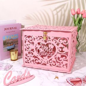 صندوق بطاقة Quinceañera مع Lock Wooden Mis Quince Office Pink Envelope Hollow Card Box for Barty
