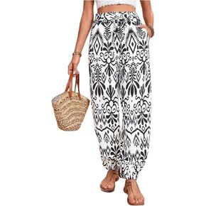 MakeMeChic Women's Summer Beach Tropical Printed Pants Hawaiian Palazzo Jogger Pant High Waist Trousers