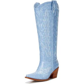 Cowgirl Boots Women – Knee High Western Cowboy Boots, Classic Embroidered, Pointed Toe, 3" Chunky Heel, Comfortable Slip On with Zipper