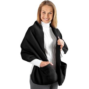Warm and Cozy Fleece Wrap Shawl with Large Front Pockets - Black