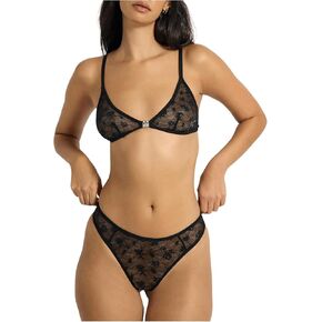 SweatyRocks Women's 2 Piece Lingerie Set Sheer Lace Wireless Bra and Low Rise Briefs Underwear Set
