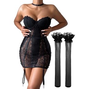 Lilosy Sexy Strapless Halter Satin Lace Choker Garter Belt Stockings Lingerie Set 2 Piece Women Silk Tube Outfit Matching Bra Panty Underwear Black Small