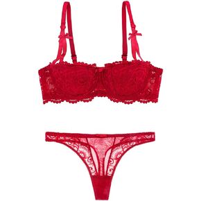 Women's Red Lace Push Up Bra - Demi Balconette Lightly Padded Underwire Bra, Sexy Lift & Everyday Comfort