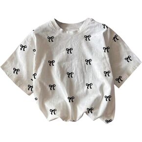 SHENHE Girl's Summer Cute Graphic Tee Number Bow Print Crew Neck Short Sleeve Tshirt Top