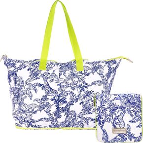 Lilly Pulitzer Large Packable Tote, Reusable Grocery Bag that Packs Into Itself, Tote with Shoulder Strap and Zipper, Safari Party