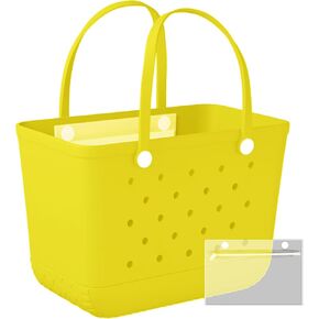 X-Large Rubber Tote Bag Beach Bag Travel Bag with Waterproof Zipper Pocket, Washable Durable Rubber Beach Tote Holes (Light Yellow, X-Large)