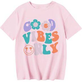 KEEVICI Flower Girl Shirt Graphic Tees Cute Preppy Shirts Kids Letter Print T Shirt Fun Summer Cotton Youth Aesthetic Tops