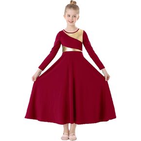 TLMNU Girls Praise Dance Dress Metallic Gold Liturgical Worship Church Robe Full Length Swing Lyrical Costume,Wine,Tag160,13-14 Years