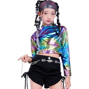 Lolanta Metallic Dance Tops for Girls Long Sleeve اقتصاص أعلى الهيب Hop Disco Party قميص ثلاثي الأبعاد رقص.