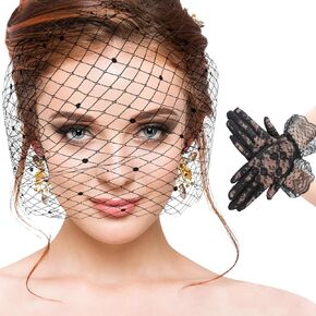 Birdcage Veil, Funeral Veil for Women Black, with Rhinestones, 1920s Style, Suitable for Tea Party, Wedding, Party, Comes with 1 Pair of Lace Gloves