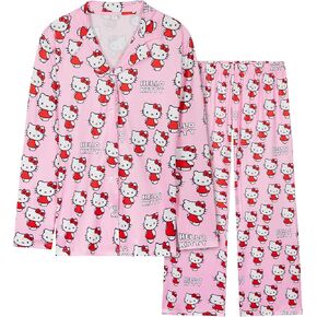 Hello Kitty Pajamas for Women Teens Long PJs Comfy Kawaii Button Down Lounge Set