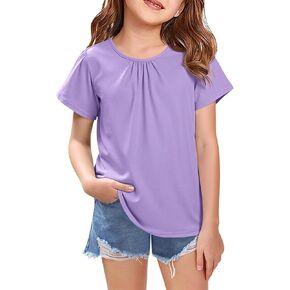 Haloumoning Girls Cross Back Shirts Kids Crewneck Puff Short Sleeve T-Shirt Cute Pleated Tops Tees 5-14 Years