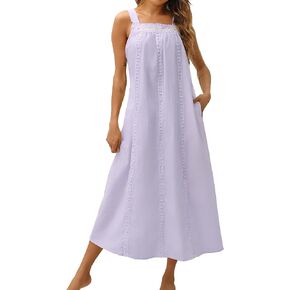 Aoulaydo Cotton Nightgowns for women Embroidery Sleeveless 100% Cottion Night Gown Victorian Sleepshirt with Pockets