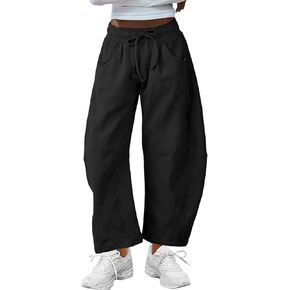 Yimoon Womens Barrel Leg Protcts الرباط مرنة الخصر سراويل الساق الواسعة سراويل فضفاضة الصالة مع جيوب