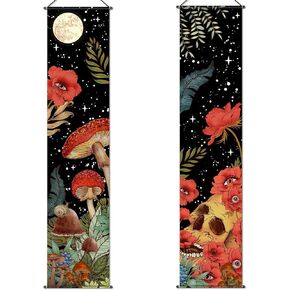 2 Pcs Skull Tapestry Banner Hippie Wall Decoration Skull Floral Mushroom Room Wall Hanging Flower Moon Bohemian Abstract Mushroom Backdrop Photography Background for Home Aesthetic Decor Room Bedroom