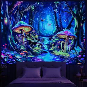 Blacklight Mushroom Tapestry UV Reactive Misty Forest Landscape Tapestry Fantasy Fairy Wonderland Butterflies Wall Hanging Waterfall Jungle Plants Backdrop for Bedroom