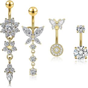 4PCS Belly Button Ring 14G 1.6MM Stainless Steel Dangle Belly Button Rings Dangling Belly Rings Clicker Belly Button Ring Belly Piercing Navel Rings for Women