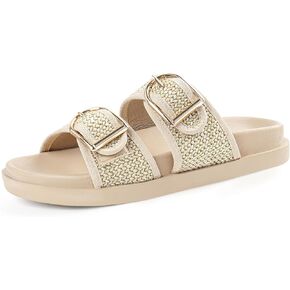 Women's Raffia Platform Sandals Chunky Woven Slides with Adjustable Double Buckle, Comfortable Flatform summer shoes