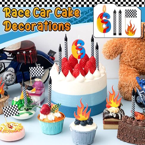 15 Pcs Racing Cars Themed Birthday Number Candles Truck Wheel Candle Black and White Checkered Flag Cake Topper Fire Race Car Cake Decoration for Birthday Party Decoration Supplies(Number 5) in Saudi Arabia