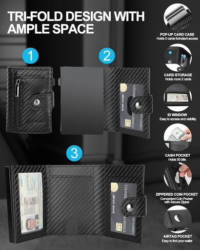 Mens Wallet Credit Card Holder - with AirTag Holder, 2 ID Windows | Trifold Leather | RFID Blocking Pop Up Wallet | Cash Slot | Coin Pocket | Morden Business Stylish Slim | Gifts for Men in Saudi Arabia