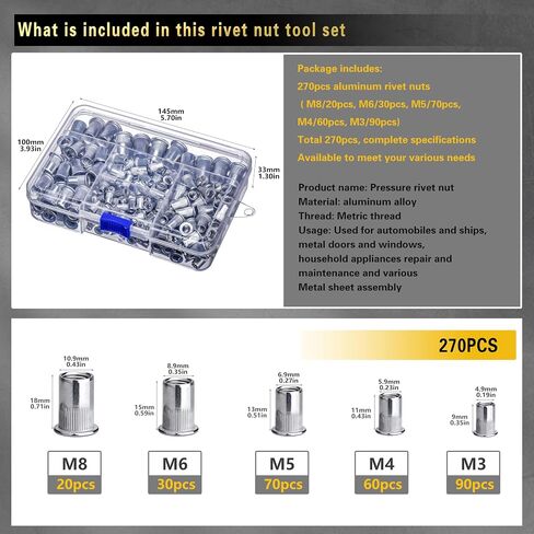Pressure Rivet Nut Tool Kit, 430Pcs Metric Rivet Nut Combination (M8/M6/M5/M4/M3), Suitable for Furniture, Decoration, Automotive, Marine and Industrial Applications in Saudi Arabia
