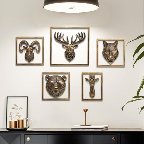 jjalights رؤوس حيوانات الديكور الجدار راتنج الحيوانات منحوتات الرأس الجدار المعلقة الديكور المقلدة النحاس النحاس الجدار النحت لمكتب غرفة نوم غرفة المعيشة (5 مساء ، يشمل الإطار المعدني) in Kuwait