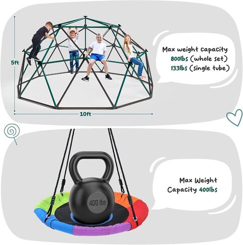 Hapfan 10ft Climbing Dome Swing Set with Saucer Swing, Jungle Gym for Kids Outdoor Backyard, Supports 800lbs, Easy Asssembly, Rust-Resistant in Saudi Arabia