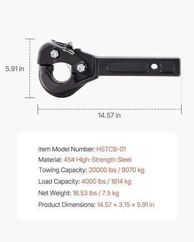 VEVOR Pintle Hook, 20000 lbs Towing Capacity, Pintle Hitch Receiver for 2-inch Hitch Hook Military Receiver, Fits 2.5 to 3-inch Lunette Ring, 15.6-inch Length, Black Powder Coat, for Various Trailers in Saudi Arabia