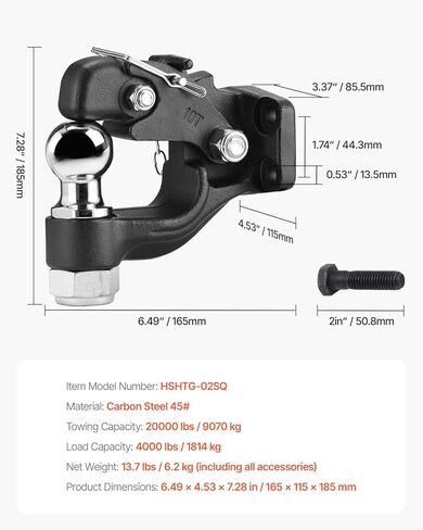 Vevor Pintle Hook ، 20000 رطل سعة القطر ، مستقبل عوائق Pintle لمستقبل عسكري عائق 2 بوصة ، يناسب حلقة Lunette من 2.5 إلى 3 بوصات ، طول 15.6 بوصة ، معطف مسحوق أسود ، لمختلف المقطورات in Saudi Arabia