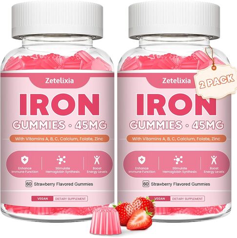 Vegan 2 Pack Iron Supplement Gummies for Women & Men, Anemia, Blood Builder & Energy Support for Iron Deficiency, with Vitamin C, A, B Complex, Folate, CoQ10, Sugar Free, Non-GMO, 120 Count in Saudi Arabia
