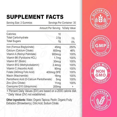 Vegan 2 Pack Iron Supplement Gummies for Women & Men, Anemia, Blood Builder & Energy Support for Iron Deficiency, with Vitamin C, A, B Complex, Folate, CoQ10, Sugar Free, Non-GMO, 120 Count in Saudi Arabia