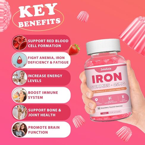 Vegan 2 Pack Iron Supplement Gummies for Women & Men, Anemia, Blood Builder & Energy Support for Iron Deficiency, with Vitamin C, A, B Complex, Folate, CoQ10, Sugar Free, Non-GMO, 120 Count in Saudi Arabia
