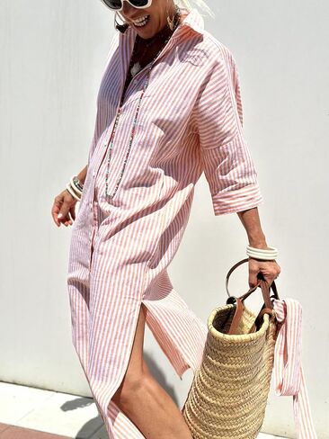utcoco Womens 2025 Shirt Dress Casual Lapel 3/4 Sleeve Button Down Split Belted Vacation Maxi Dress in Kuwait