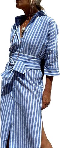 utcoco Womens 2025 Shirt Dress Casual Lapel 3/4 Sleeve Button Down Split Belted Vacation Maxi Dress in Kuwait