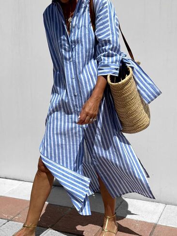 utcoco Womens 2025 Shirt Dress Casual Lapel 3/4 Sleeve Button Down Split Belted Vacation Maxi Dress in Kuwait