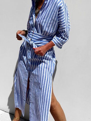 utcoco Womens 2025 Shirt Dress Casual Lapel 3/4 Sleeve Button Down Split Belted Vacation Maxi Dress in Kuwait