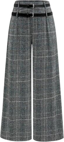SOLY HUX Women's Plus Size Dress Pants Plaid Wide Leg High Waisted Work Office Tailored Pants with Belt in Saudi Arabia