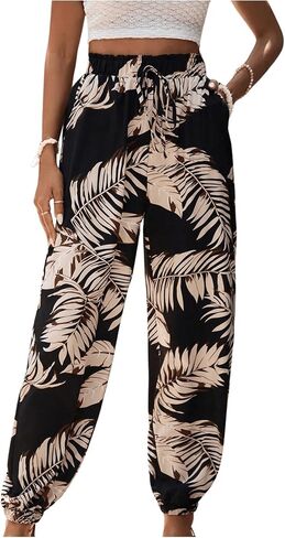 MakeMeChic Women's Summer Beach Tropical Printed Pants Hawaiian Palazzo Jogger Pant High Waist Trousers in Saudi Arabia