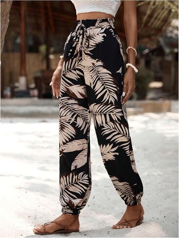 MakeMeChic Women's Summer Beach Tropical Printed Pants Hawaiian Palazzo Jogger Pant High Waist Trousers in Saudi Arabia