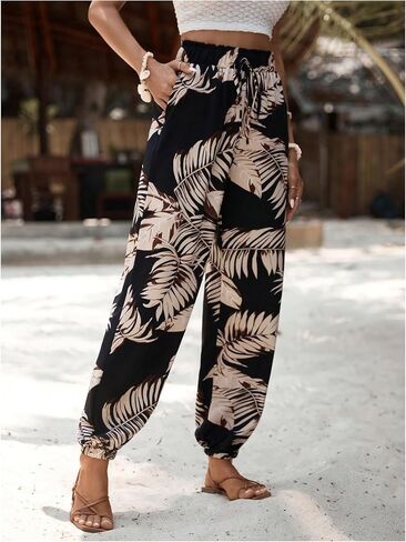 MakeMeChic Women's Summer Beach Tropical Printed Pants Hawaiian Palazzo Jogger Pant High Waist Trousers in Saudi Arabia