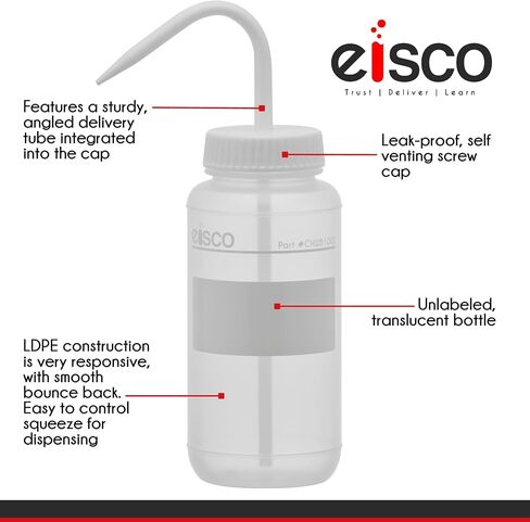 زجاجة غسيل كيميائية EISCO 6PK، بدون ملصق، 1000 مل - فم واسع، فتحة تهوية ذاتية، بولي إيثيلين منخفض الكثافة - مختبرات البلاستيك عالية الأداء in Kuwait