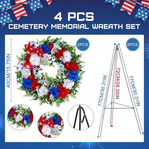 Crowye 4 Pcs Memorial Day Cemetery Wreaths with Stand Set 15. 75in Patriotic Gravestone Wreath 30in Easel Stand for Cemetery Headstone(Memorial Style) in Saudi Arabia