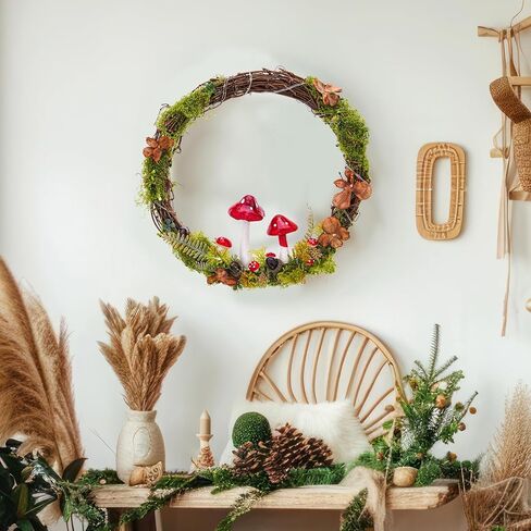 Light Up Cottagecore Decor Mushroom Wreath - 13 Inch Cottage Core Wall Decor Enchanted Forest Round Wreaths Fairy Woodland Aesthetic Home Decoration Gifts for Outdoor Garden Windows in Kuwait