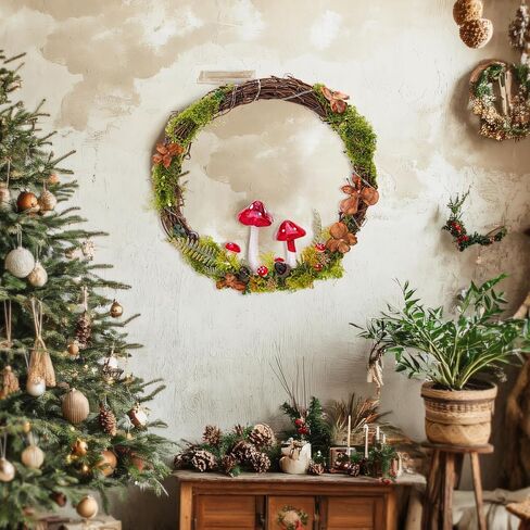 Light Up Cottagecore Decor Mushroom Wreath - 13 Inch Cottage Core Wall Decor Enchanted Forest Round Wreaths Fairy Woodland Aesthetic Home Decoration Gifts for Outdoor Garden Windows in Kuwait