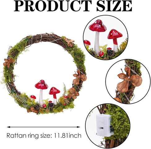 Light Up Cottagecore Decor Mushroom Wreath - 13 Inch Cottage Core Wall Decor Enchanted Forest Round Wreaths Fairy Woodland Aesthetic Home Decoration Gifts for Outdoor Garden Windows in Kuwait